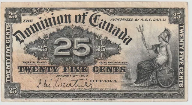 Canada  Dominion 25 Cents Banknote 1900 Extra Fine Cond Pick#9-A"Nice Appeal"