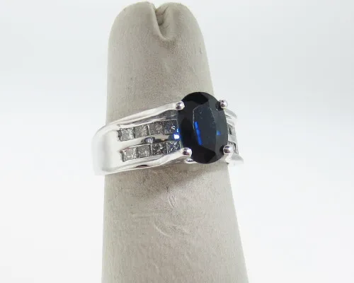 Fine Jewelry Natural Blue Sapphire Diamonds Solid 18k White Gold Ring
