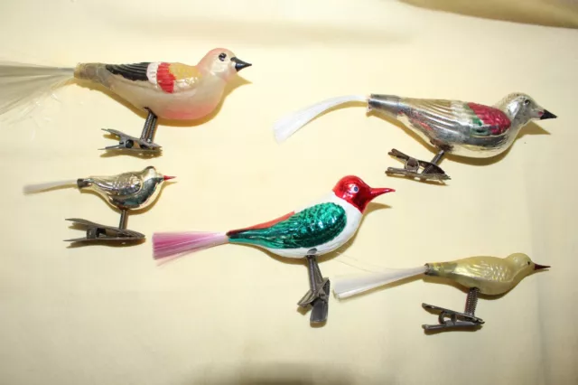 Lot 5 Vintage Mercury Glass Clip On Bird Holiday Christmas Ornaments
