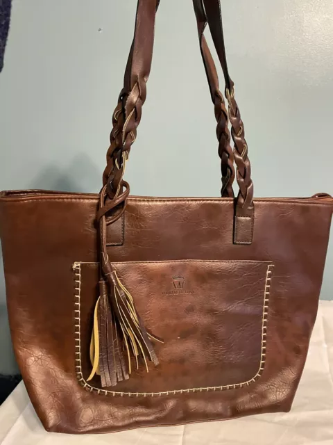 Weimeibaige Faux Leather Vegan Large Purse Tote Bag Brown Fringe Braided Handle