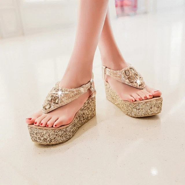 Rhinestone Sequin Flip Flops Womens Wedge Heels Platform Thong Sandals Slingback