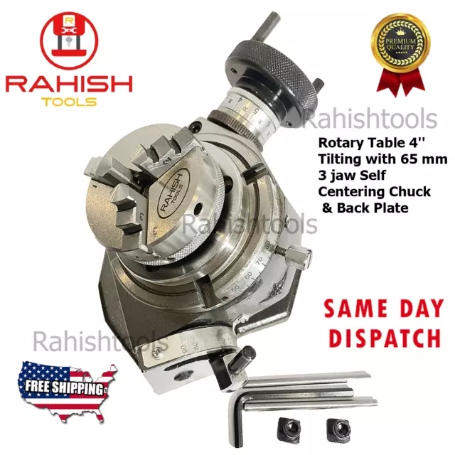 4'' Tilting Rotary Table with 65mm 3 jaw Self Centering Chuck & Back Plate USA
