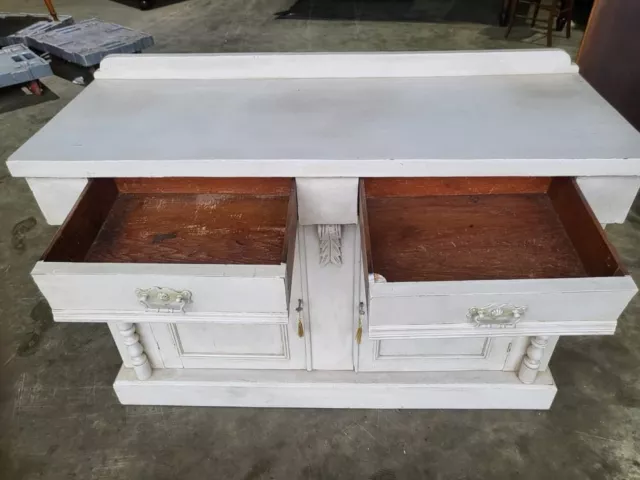 Antique Victorian painted grey sideboard 2 door drawers shelves bracket feet dre 3