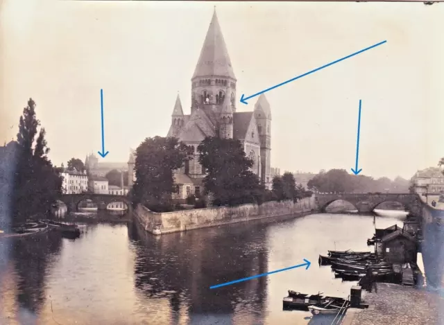 altes original Foto von 1914 - Metz mit evang. Kirche, Mosel Kähne Brücke