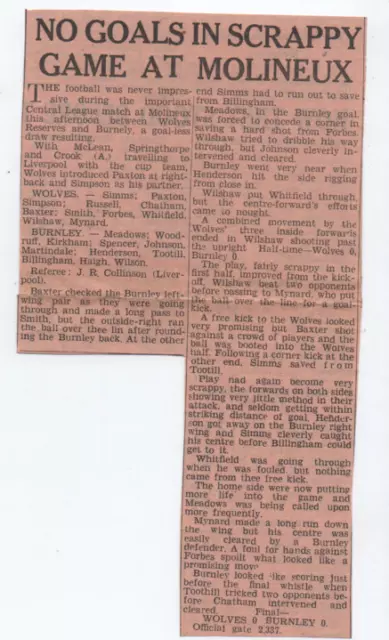 Wolves RESERVES 0 Burnley 0 1949 1948/49 Central League press cutting