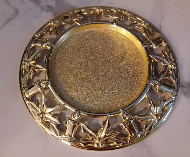 Gold Plated Decorative Holiday Collector Plate Tray Candle Holly Berry Mistletoe