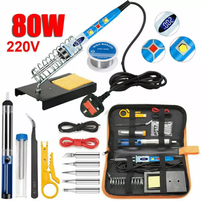 Blue 80W LCD Soldering Iron Electronic Welding Solder Wire Adjustable Temp Kits