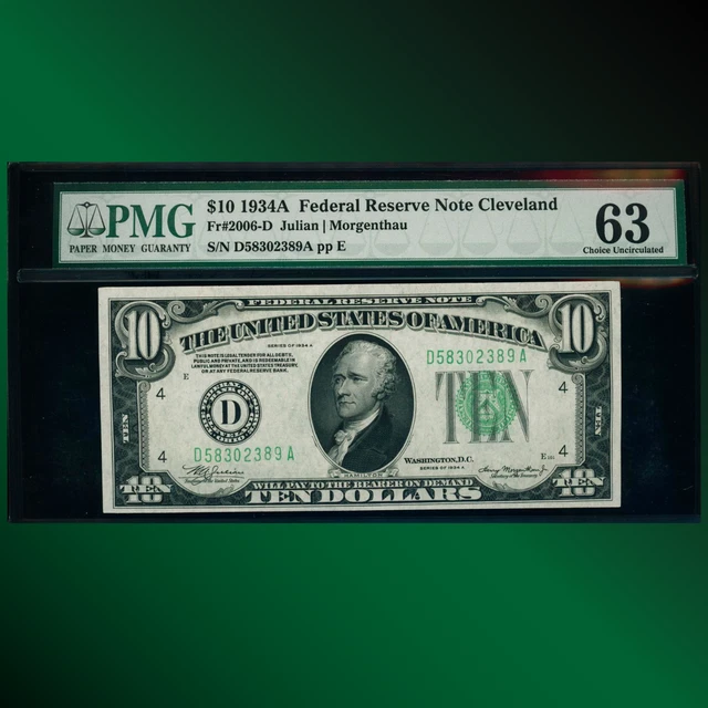 Fr.2006 1934A $10 Ten Dollars Federal Reserve Note Cleveland, PMG 63, 02389