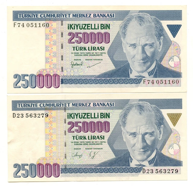 TURKEY 1992 & 1998 2 X 250000 Turkish Lira P# 207a.1 & 211