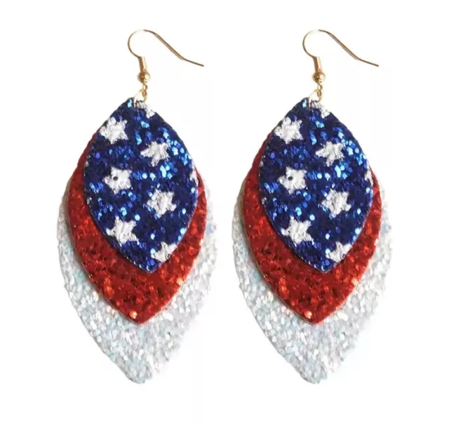 4th July Patriotic Glitter Leaves Dangle Earrings USA Flag 3 Inches 🇺🇸
