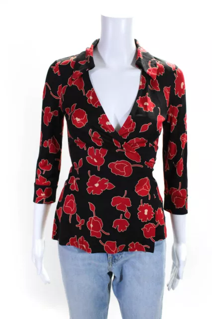 Diane Von Furstenberg Womens Silk Floral Print Wrap Blouse Black Red Size 2