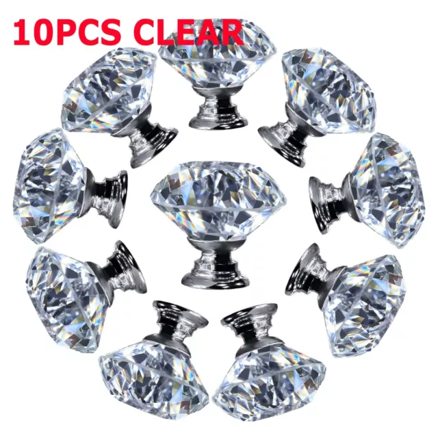 10Pcs Crystal Glass Cabinet Knob Diamond Shape 30mm Drawer Cupboard Handle Pull