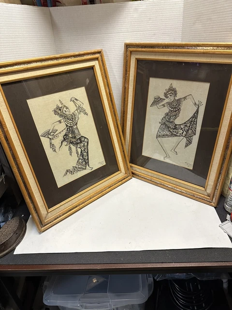 Mid Century Bali Temple Dancer 2 Paintings on Linen Signed K. Pica Batuan Bali