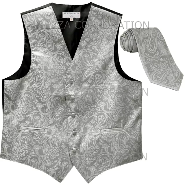 New Vesuvio Napoli Men's paisley formal Tuxedo Vest Waistcoat_Necktie Silver