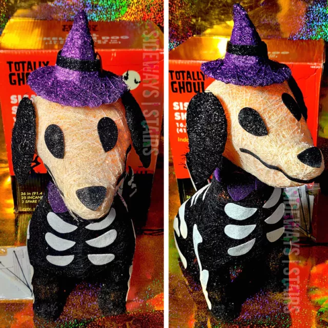 SISAL SKELETON DOG HALLOWEEN DECORATION witch hat pre-lit glitter cute yard RARE 2