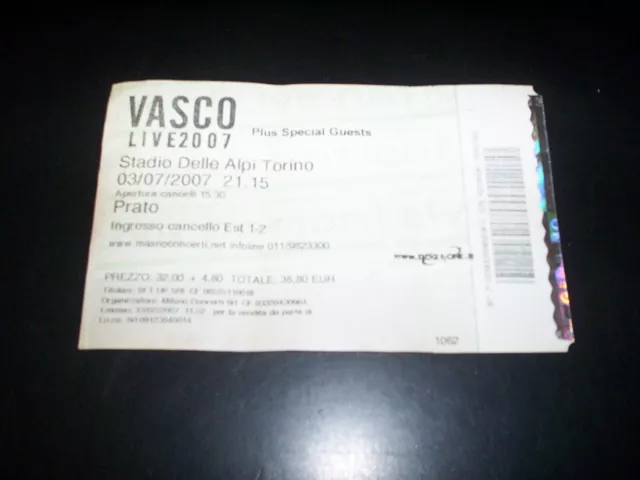 Vasco Rossi Live 2007 Torino - Concert Ticket/Biglietto Concerto