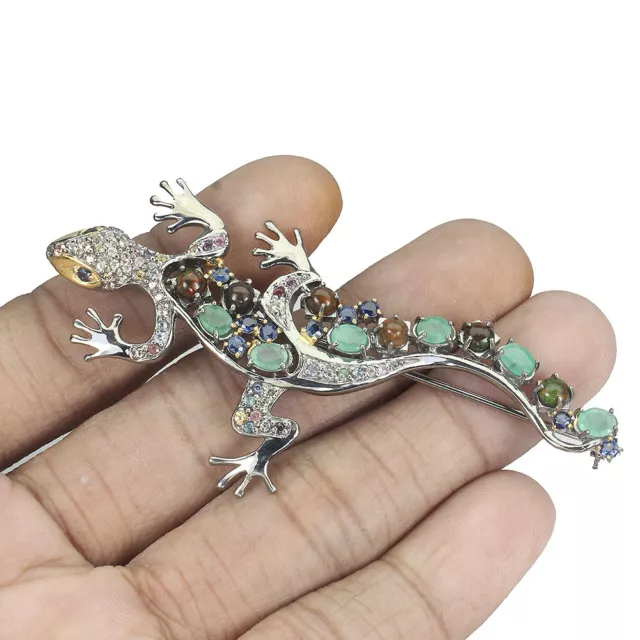 Handmade Emerald Black Opal Sapphire Gemstone 925 Sterling Silver Lizard Brooch 2