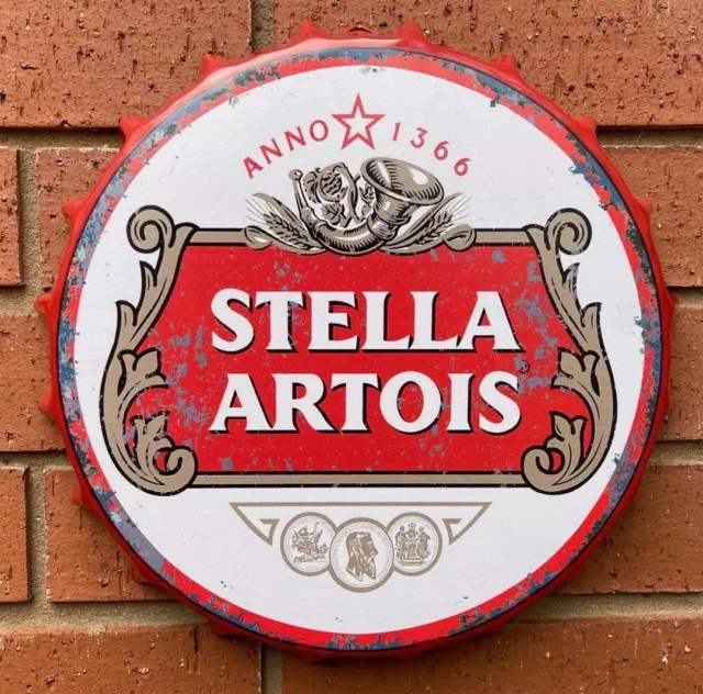 STELLA ARTOIS BOTTIGLIA IN METALLO INSEGNA DA PARETE SUPERIORE 30cm VINTAGE UOMO RETRÒ CAVE BEER LAGER