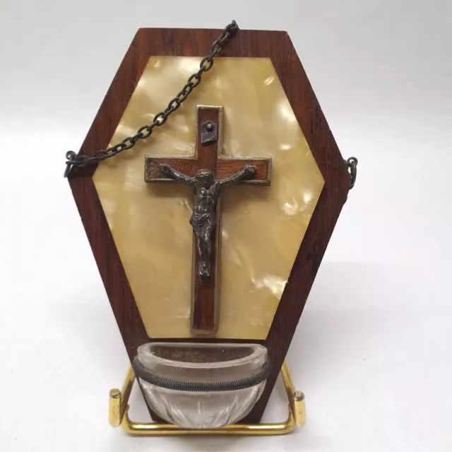Acquasantiera Supporto Legno E Madreperla Con Piccola Catenina Per Appeso Christ