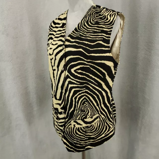 Dismero Vest Womens Large Black Ivory Zebra Animal Print Made in Italy Button Up