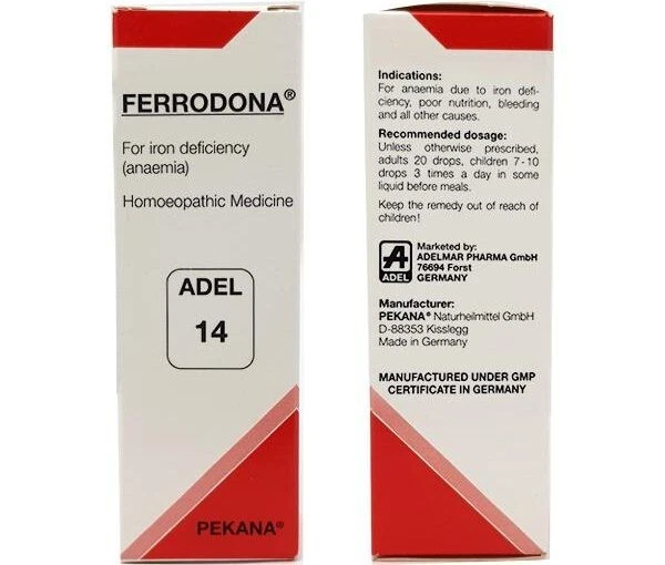 Paquete de 5 gotas ADEL 14 FERRODONA para deficiencia de hierro (anemia)