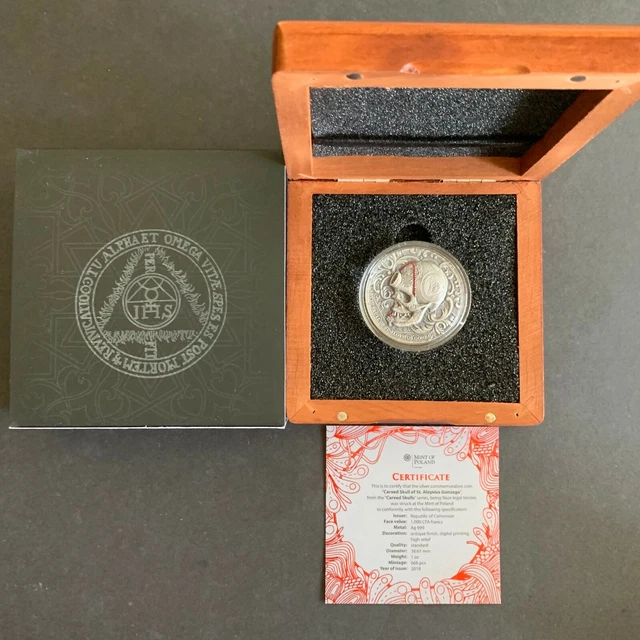 2018 Cameroon 1-oz Carved Skull of St. Aloysius Gonzaga Antique Silver Coin 3