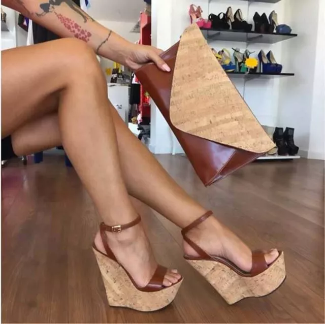 Women Cork Wedge High Heel Peep Toe Platform Shoes Ankle Strap Summer Sandals