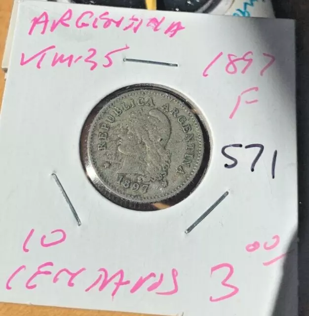 1897 Argentina 10 centavos, Fine details, KM #35.  Coin #571