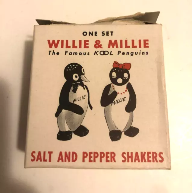 Vintage Salt & Pepper Shaker Set Willie & Millie Kool Cigarettes Penguins W Box