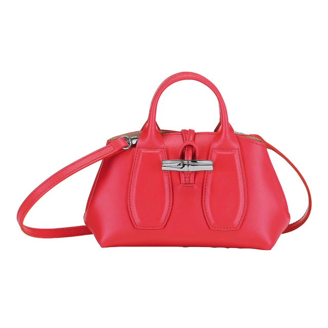 LongChamp Womens Crossbody Bag Poppy Pink Leather Roseau XS Leather Tote Satchel