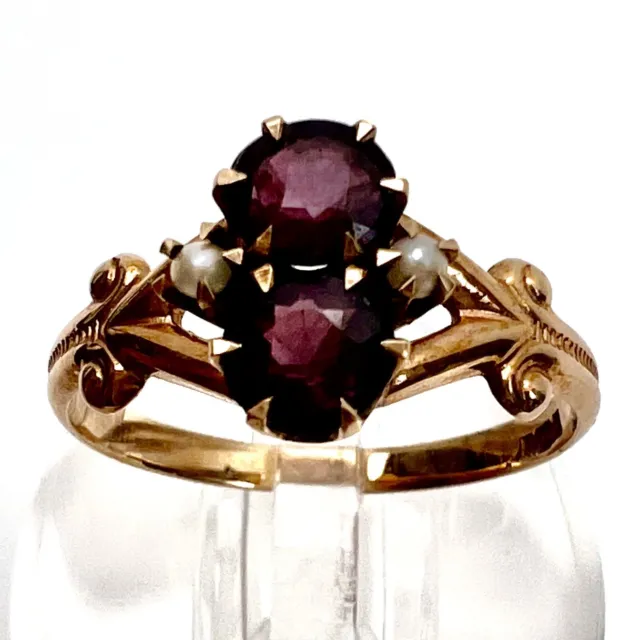 Victorian 10k Solid Yellow Gold Garnet Seed Pearl Ring Size 5.5 Original Box