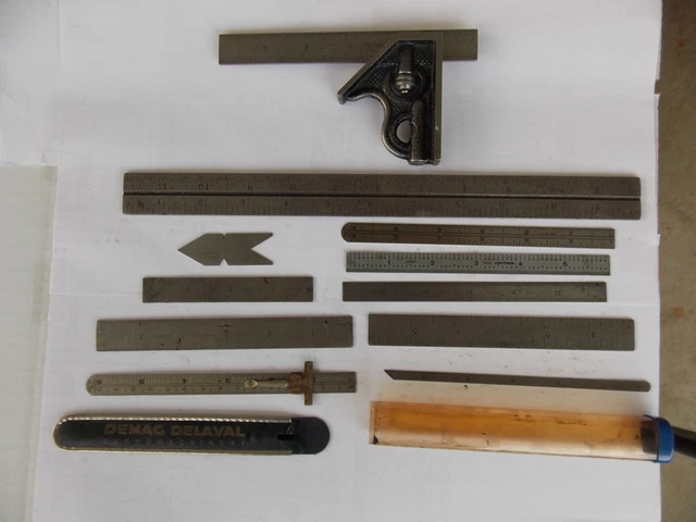 Union Tool Co. No. 4 Machinist Square + 10 Rulers DOW, Wilson, L.L.S., B & S, +
