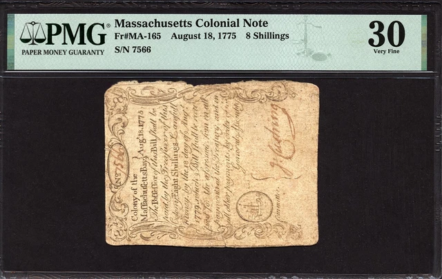 8 Shillings Aug. 18, 1775 Massachusetts Colonial FR MA-246 PMG 30  Sword-in-Hand