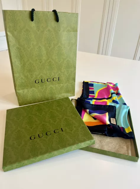 GORGEOUS new GUCCI designer silk scarf with box and gift bag. Never worn. 32" sq