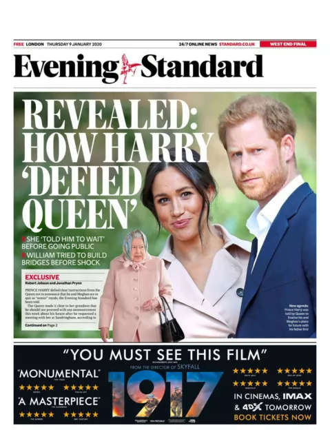 Evening Standard Newspaper - PRINCE HARRY MEGHAN MARKLE QUIT ROYAL FAMILY 