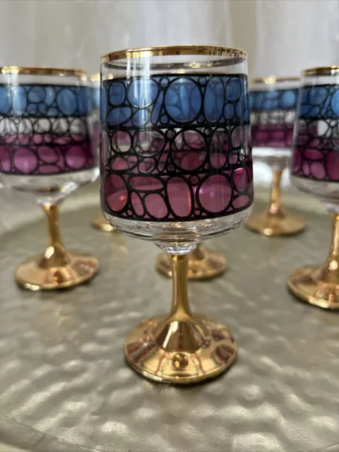 Rare Set Of 6 Vintage Art Deco Cordial Or Wine Glasses With Gold Rims And Stems