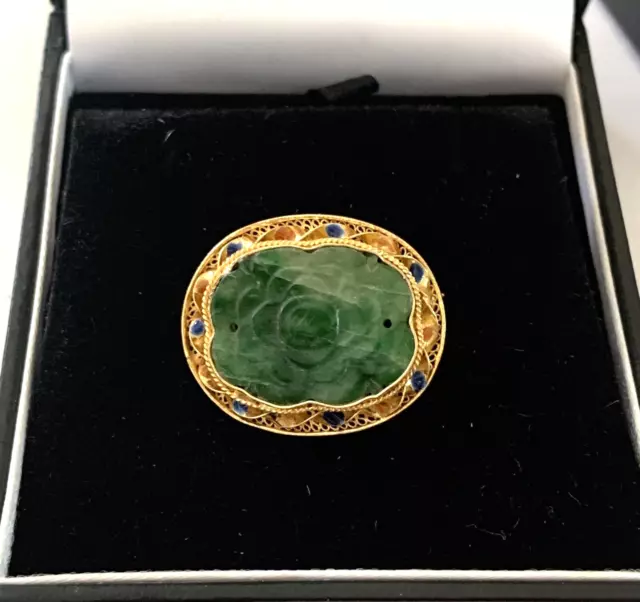 Vtg Chinese For Export Carved Pierced Green Jade Silver Vermeil Enameled Brooch 3