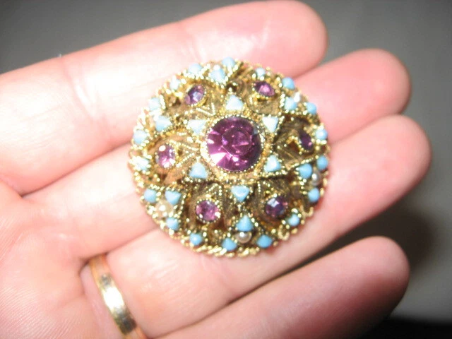 Bijoux vintage broche ancienne accessoire mode doré petites pierres rouges années 60 France fait main français cadeau brocante métal - France