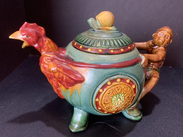 VTG Chinese Export Minton Style Majolica Stylized Teapot Monkey Chicken Snail