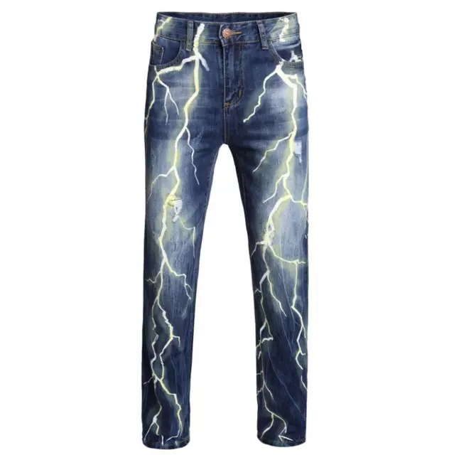 Men's Blue Denim Cotton Breathable Lightning Printed Ripped Punk HIp Hop Pants