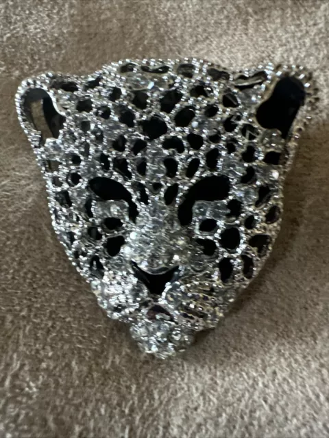 Rhinestone Silver And Black Panther Head Brooch