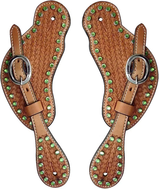 Western Show Tack Hand Tooled Leather Spur Strap With Green Rhinestone