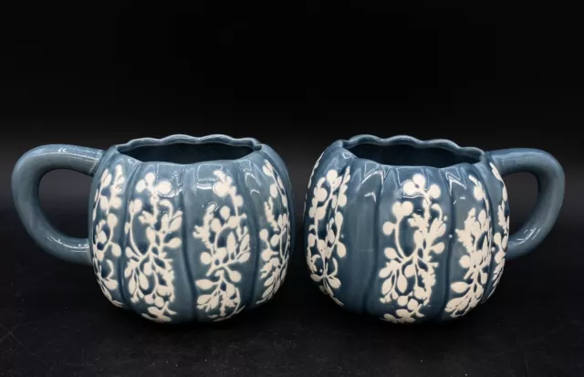 Pair Anthropologie Rustic Floral Pumpkin Shaped Mug Cup Blue Glazed Thanksgiving