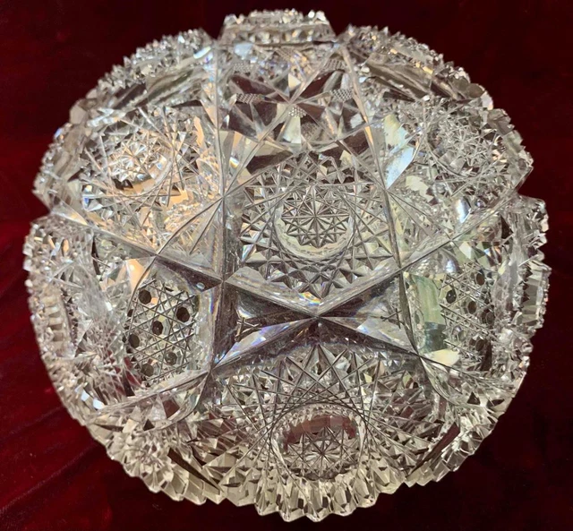 Vintage American Brilliant Cut Glass Crystal Bowl Sharp Latticework Radial Stars 4