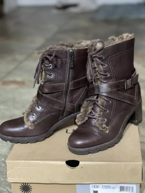 UGG Ingrid 7.5 Fur Lined Combat Boots Brown 1013800 Box & Dust Cover 2