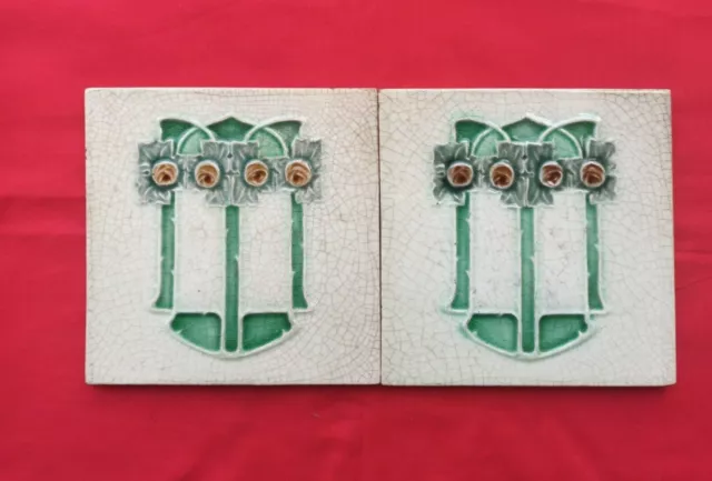 2 Piece Old Art Deco Floral Design Majolica Ceramic Tiles England 0156