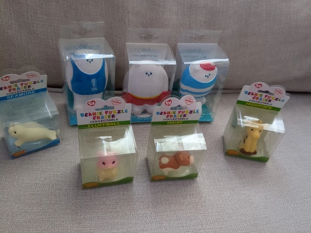 7 Cute Characters, 3x smoodoos And 4 Beanie Animal Erasers. New.