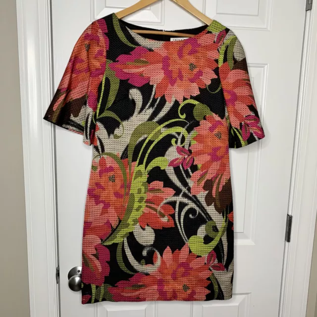 Trina Turk Floral Print Short Sleeve Shift Dress Pink Black Green Brown Sz 4