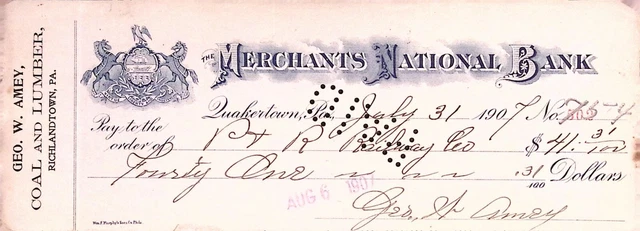 Merchants National Bank Quakertown PA 1907 Check Geo Amey Coal and Lumber