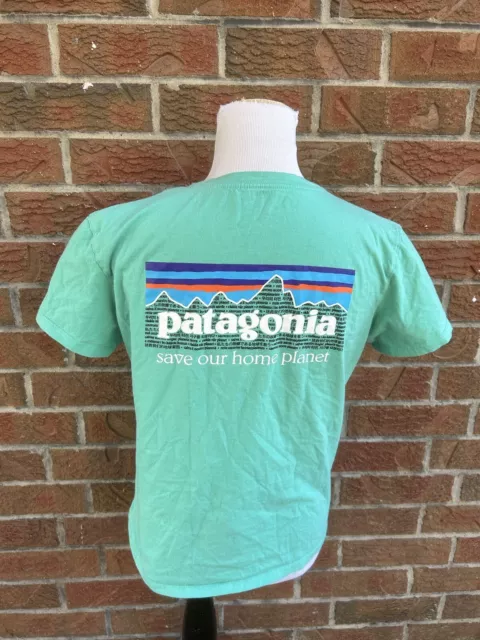 Patagonia Womens Shirt Medium teal Tee T Casual Spellout Logo Organic Cotton Top